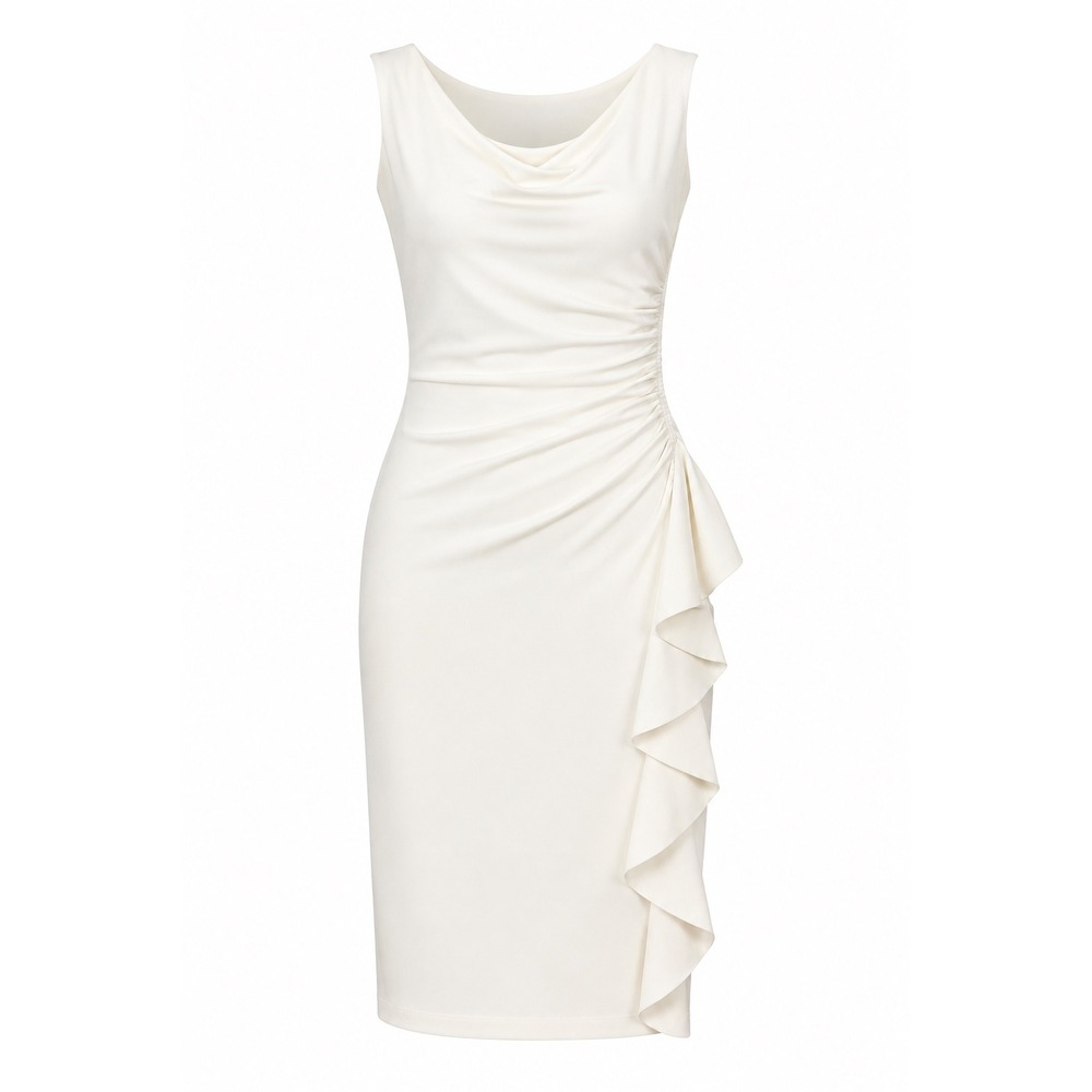 WHBM Ivory Ruched Ruffle Sheath Dress Size 6 Elegant Romantic Cocktail Feminine‎
